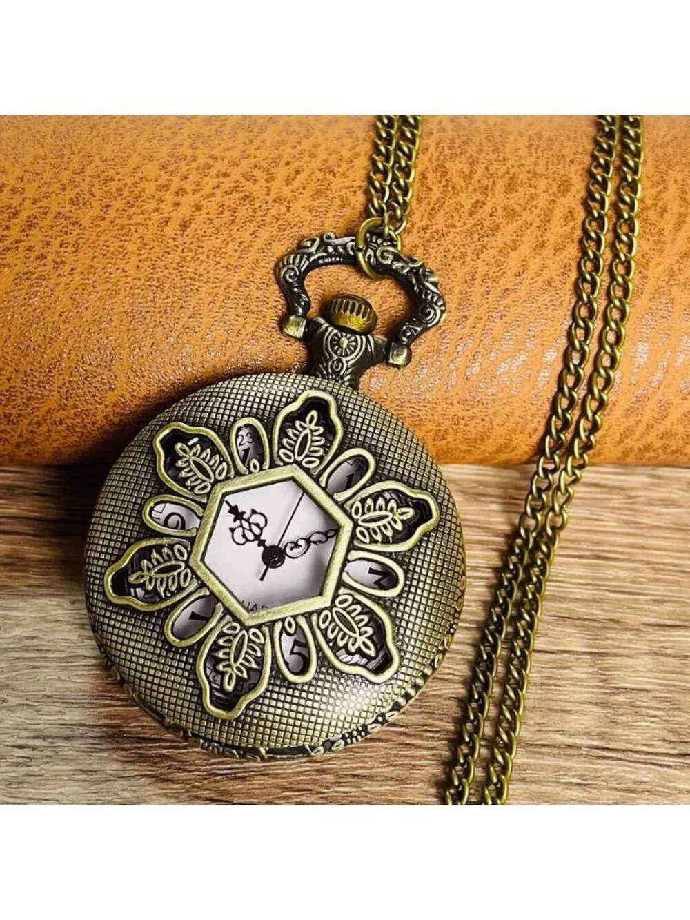 Men's White Vintage Chain Quartz Bronze Hexagon Necklace Halloween Pocket Watch